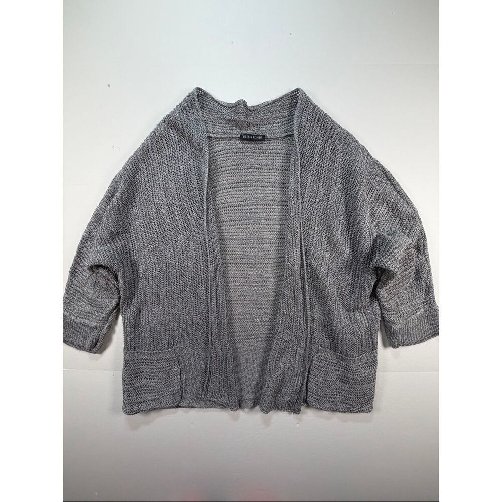 Eileen Fisher Linen Silk Open Cardigan Gray Kimono Sleeve Sweater Size Small/Med